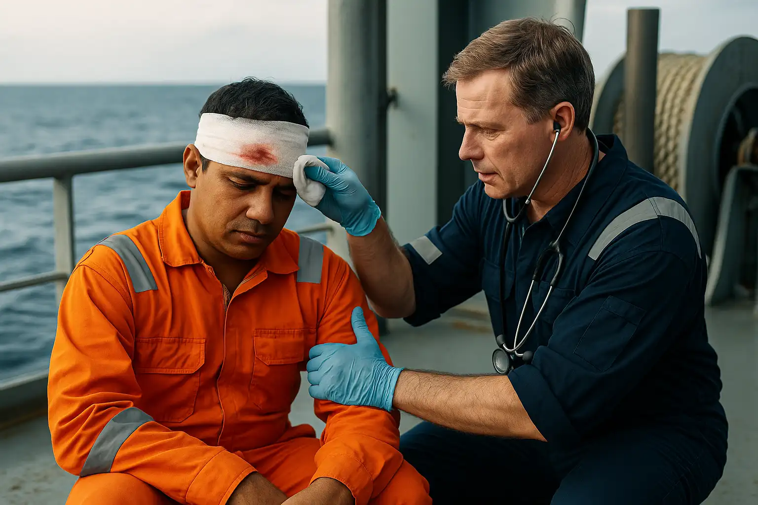 crew member receiving medical attention in key Areas Covered by P&I Insurance